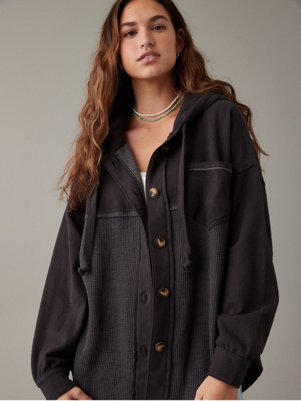 American Eagle Seriously Lived-In Waffle Knit Hooded Shacket – Medium Oversized